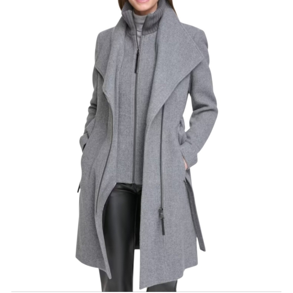Women's Calvin Klein Layered Angled Wool Twill Wrap Coat Gray Size XXS MSRP $400